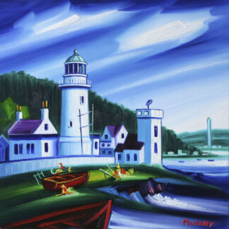 A vibrant painting depicting a lighthouse scene with boats and buildings by the water, signed by Murray. By Raymond Murray